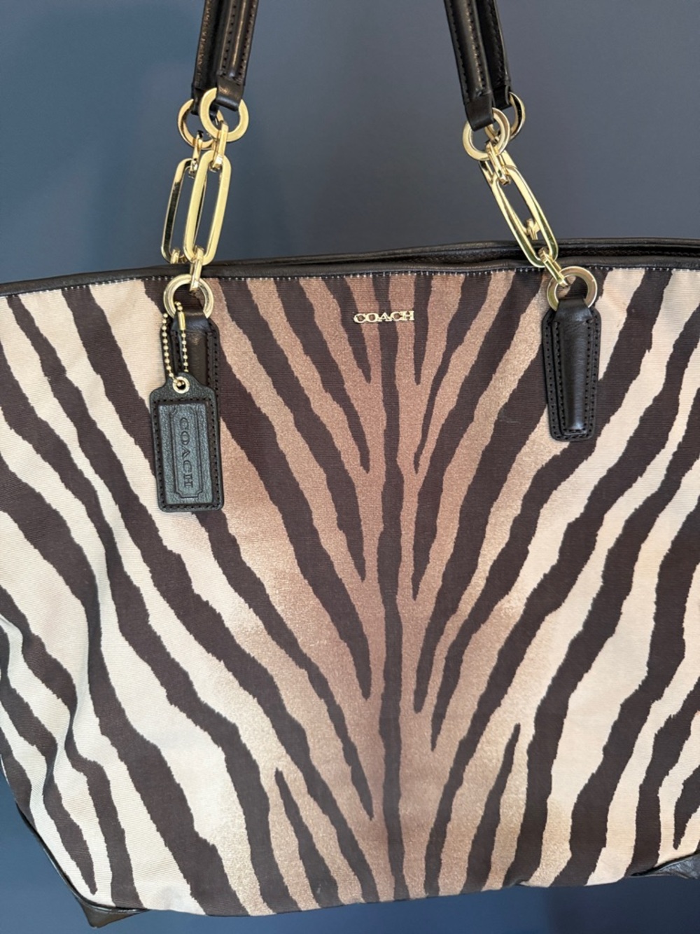 Coach Zebra-Print Tote in Brown and Cream with Gold Hardware
